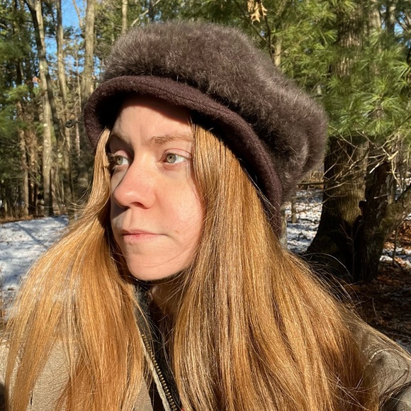 Y2K Angora Rabbit Fur Knit Hat + Genuine Fur Accent Brown - Picture 3 of 16